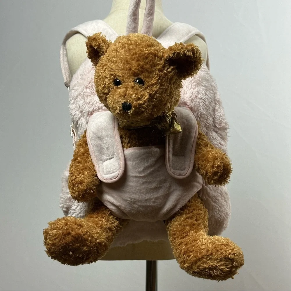 BABY & CHILD pink fuzzy kid's backpack w/ ride along for a plush buddy